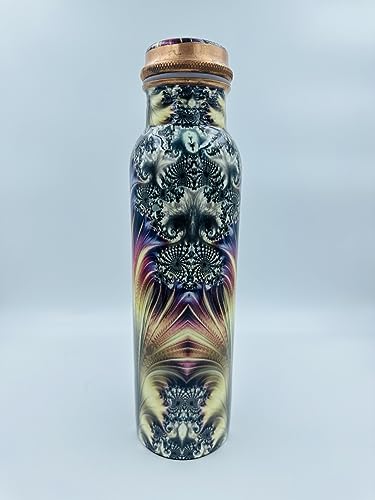 Bhanu Priya - Multicolor Printed Copper Water Bottle (1L) with 2 Copper Glasses (250ml Each) Combo