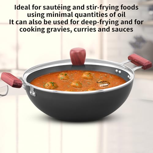Hawkins Futura 5 Litre Deep Fry Pan, Induction Kadhai, Hard Anodised Kadai with Glass Lid, Black (IAK50G)