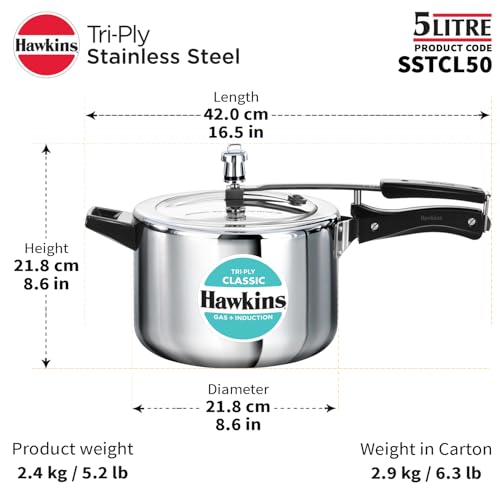 Hawkins Classic 5 Litre Tri-Ply Pressure Cooker, Triply Stainless Steel Inner Lid Cooker, Silver (SSTCL50)