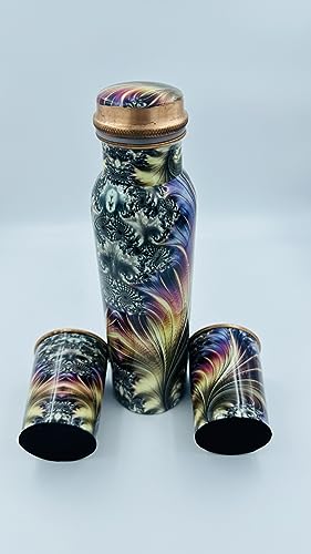 Bhanu Priya - Multicolor Printed Copper Water Bottle (1L) with 2 Copper Glasses (250ml Each) Combo