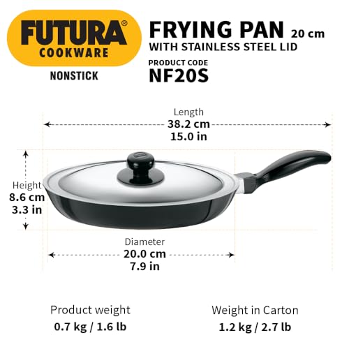 Hawkins Futura 20 cm Frying Pan, Non Stick Fry Pan with Stainless Steel Lid, Small Frying Pan, Black (NF20S)