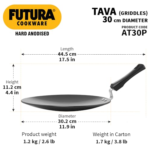 Hawkins Futura 30 cm Tava, Hard Anodised Tawa with Plastic Handle, Black (AT30P)