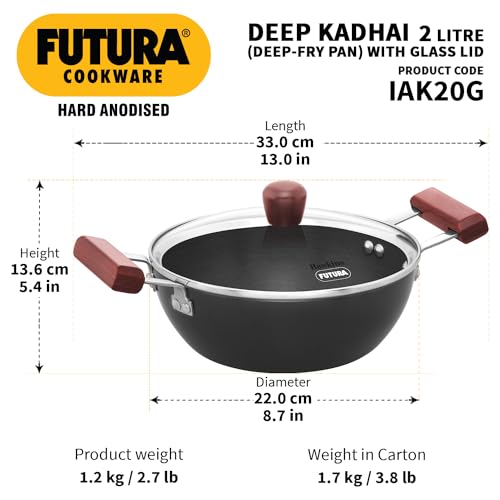 Hawkins Futura 2 Litre Deep Kadhai, Induction Deep Fry Pan, Hard Anodised Kadai with Glass Lid, Black (IAK20G)