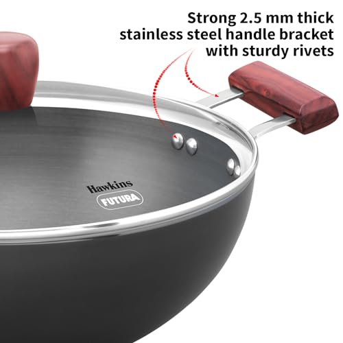 Hawkins Futura 5 Litre Deep Fry Pan, Induction Kadhai, Hard Anodised Kadai with Glass Lid, Black (IAK50G)