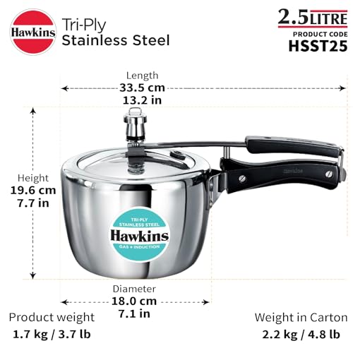 Hawkins Litre Triply Stainless Steel Pressure Cooker, Inner Lid Cooker