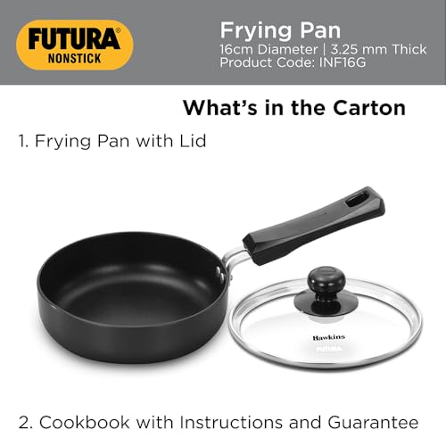 Hawkins Futura 16 cm Frying Pan, Non Stick Fry Pan with Glass Lid, Induction Omelette Pan, Small Frying Pan, Black (INF16G)