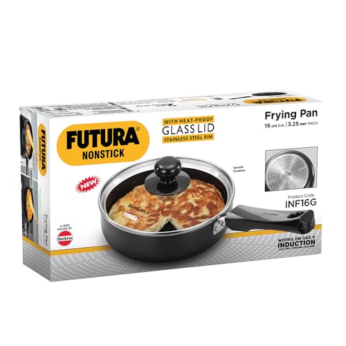 Hawkins Futura 16 cm Frying Pan, Non Stick Fry Pan with Glass Lid, Induction Omelette Pan, Small Frying Pan, Black (INF16G)