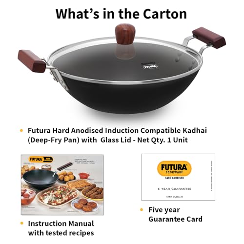 Hawkins Futura 5 Litre Deep Fry Pan, Induction Kadhai, Hard Anodised Kadai with Glass Lid, Black (IAK50G)