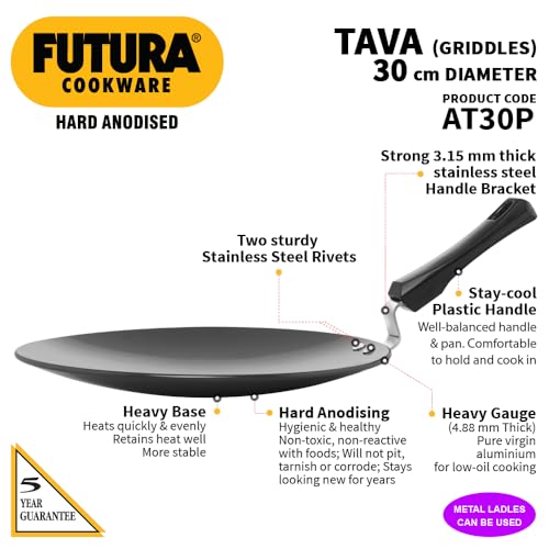 Hawkins Futura 30 cm Tava, Hard Anodised Tawa with Plastic Handle, Black (AT30P)