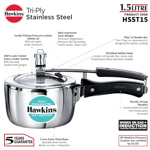 Hawkins Litre Triply Stainless Steel Pressure Cooker, Inner Lid Cooker