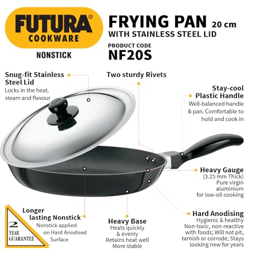 Hawkins Futura 20 cm Frying Pan, Non Stick Fry Pan with Stainless Steel Lid, Small Frying Pan, Black (NF20S)