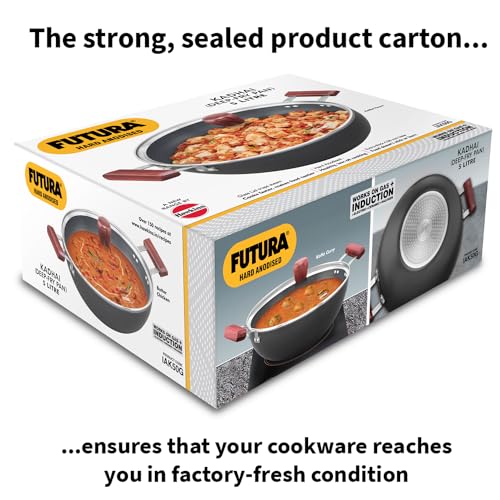 Hawkins Futura 5 Litre Deep Fry Pan, Induction Kadhai, Hard Anodised Kadai with Glass Lid, Black (IAK50G)
