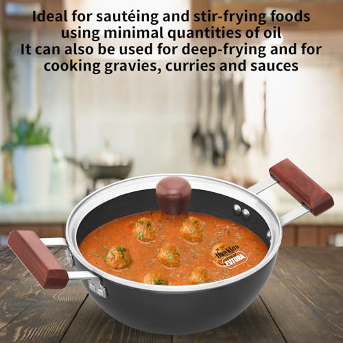 Hawkins Futura 2 Litre Deep Kadhai, Induction Deep Fry Pan, Hard Anodised Kadai with Glass Lid, Black (IAK20G)