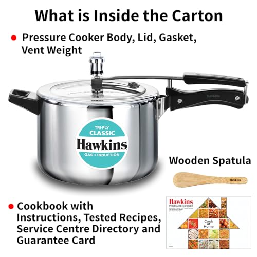 Hawkins Classic 5 Litre Tri-Ply Pressure Cooker, Triply Stainless Steel Inner Lid Cooker, Silver (SSTCL50)