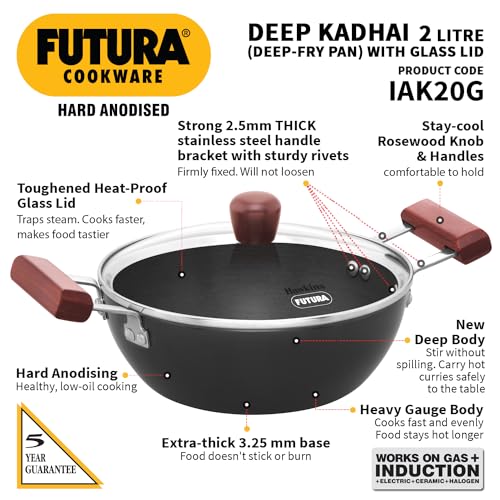 Hawkins Futura 2 Litre Deep Kadhai, Induction Deep Fry Pan, Hard Anodised Kadai with Glass Lid, Black (IAK20G)