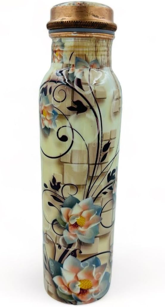 Bhanu Priya - Ivory Flower Printed Copper Water Bottle (1L) with 2 Copper Glasses (250ml Each) Combo