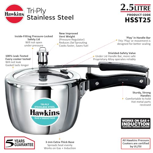 Hawkins Litre Triply Stainless Steel Pressure Cooker, Inner Lid Cooker