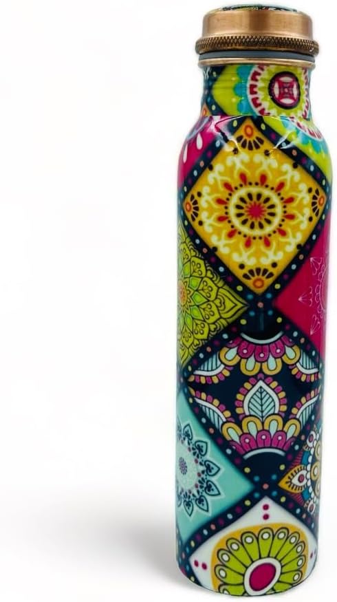 Bhanu Priya - Designer Copper Water Bottle (1L) with 2 Copper Glasses (250ml Each) Combo (Abstract Printed)