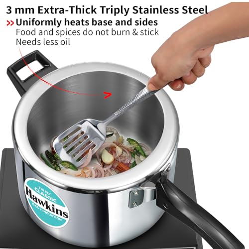 Hawkins Classic 5 Litre Tri-Ply Pressure Cooker, Triply Stainless Steel Inner Lid Cooker, Silver (SSTCL50)