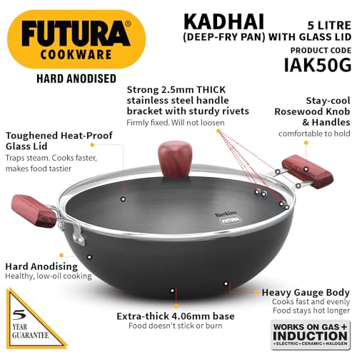Hawkins Futura 5 Litre Deep Fry Pan, Induction Kadhai, Hard Anodised Kadai with Glass Lid, Black (IAK50G)