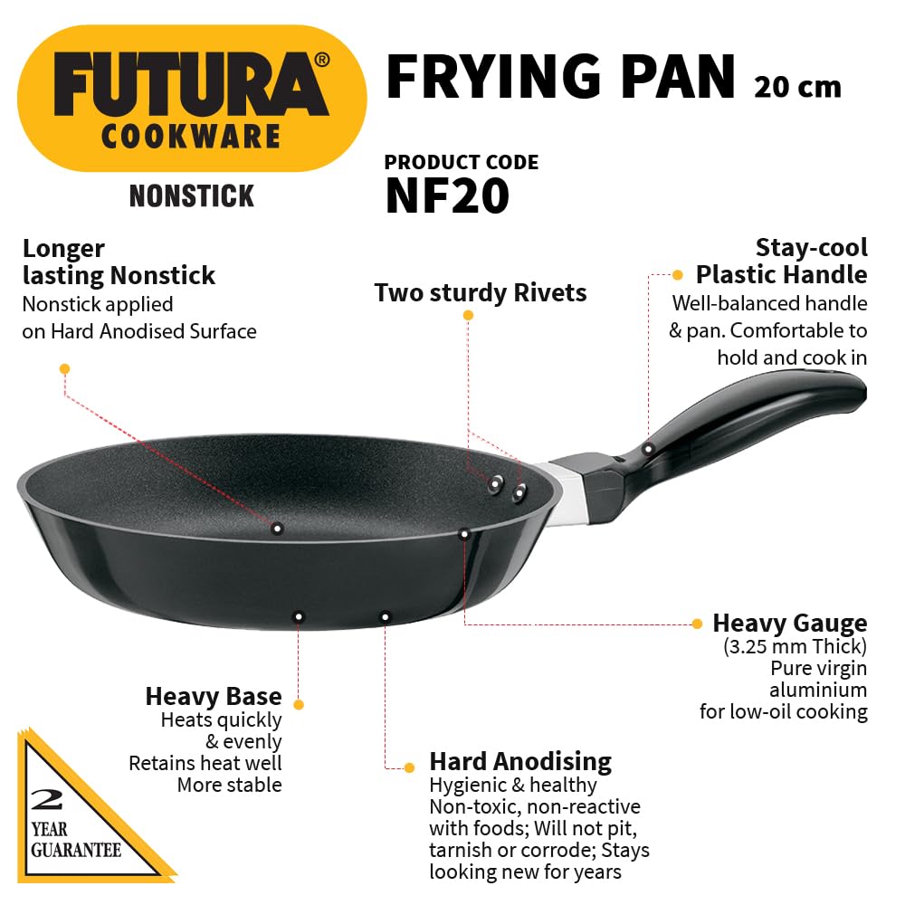 Hawkins Futura 20 cm Frying Pan, Non Stick Fry Pan with Stainless Steel Lid, Small Frying Pan, Black (NF20S)