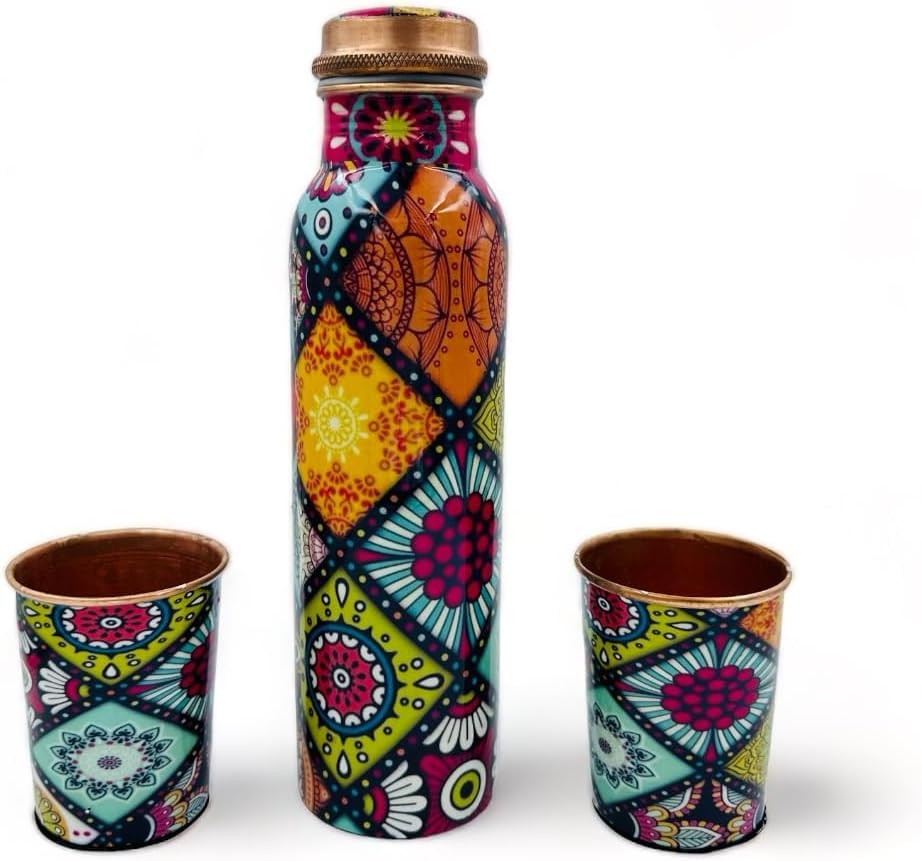 Bhanu Priya - Designer Copper Water Bottle (1L) with 2 Copper Glasses (250ml Each) Combo (Abstract Printed)