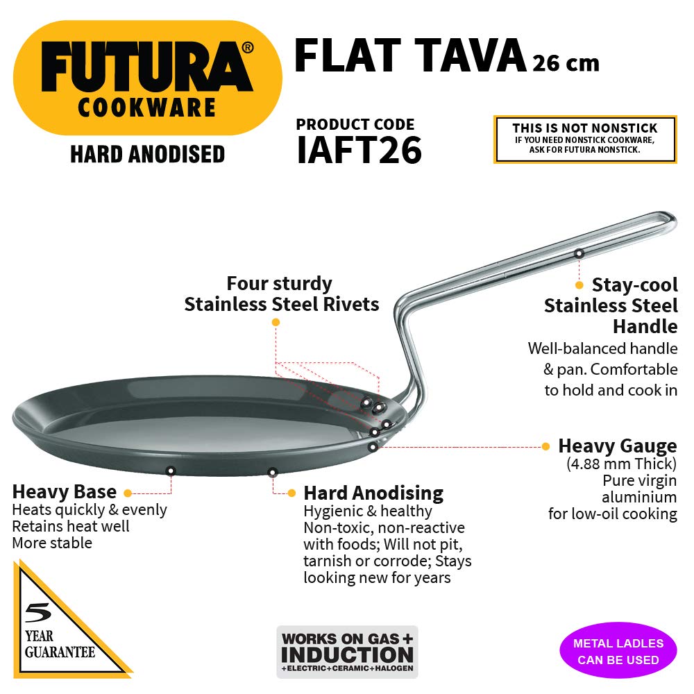 Hawkins Futura 26 cm Flat Tava, Hard Anodised Tawa with Stainless Steel Handle, Induction Tawa with Rim, Pancake Pan, Flat Pan, Black (IAFT26)