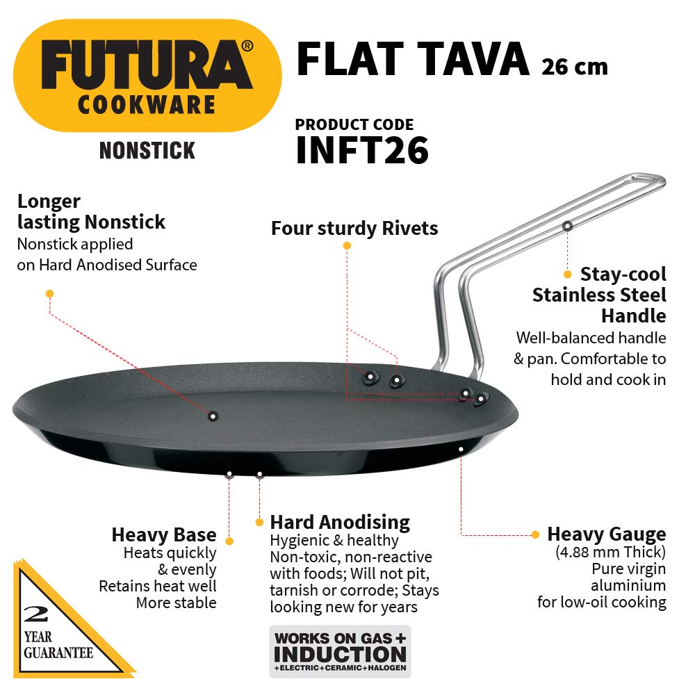 Hawkins Futura 26 cm Flat Tava, Non Stick Tawa with Stainless Steel Handle, Induction Tawa with Rim, Pancake Pan, Flat Pan, Black (INFT26)