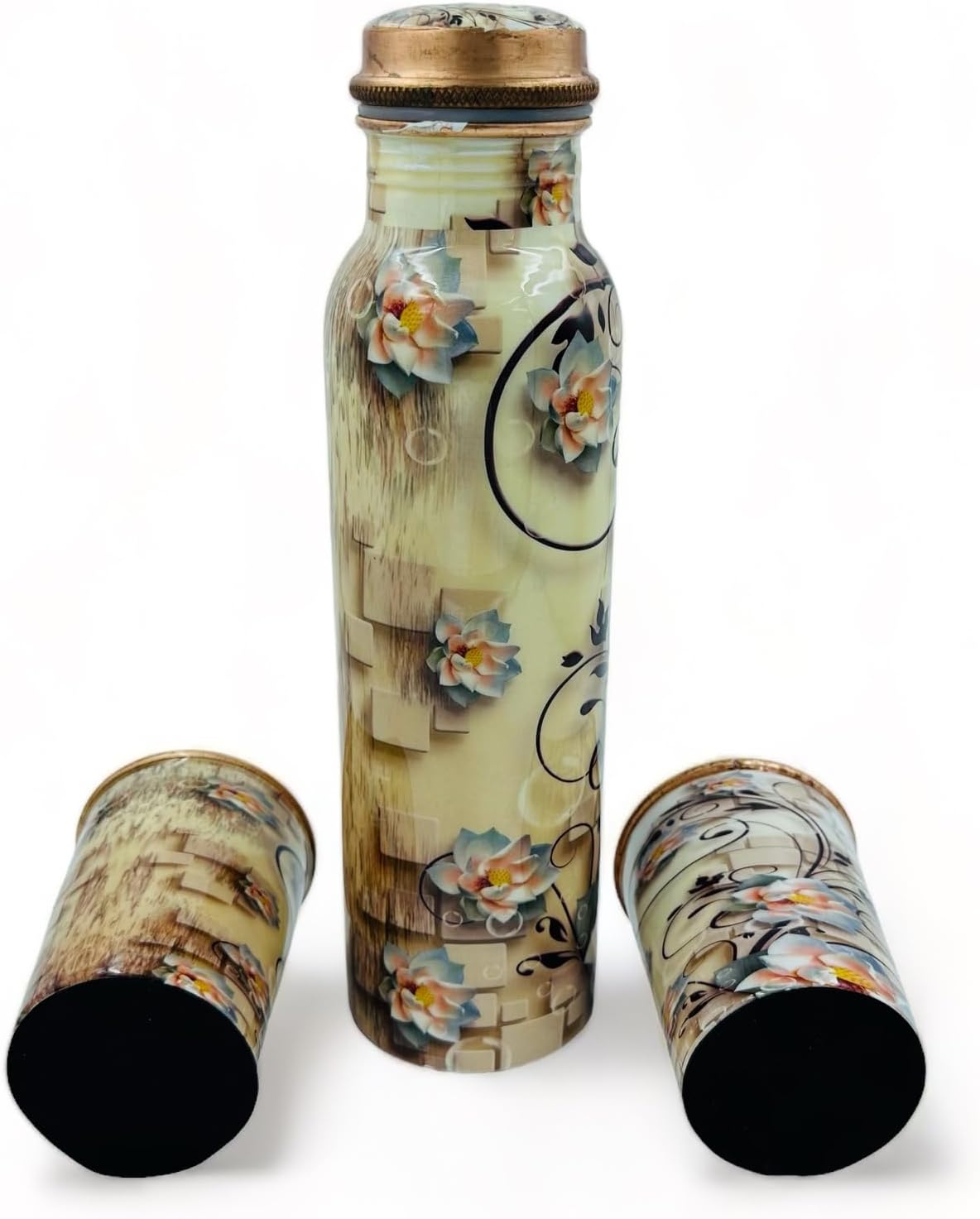 Bhanu Priya - Ivory Flower Printed Copper Water Bottle (1L) with 2 Copper Glasses (250ml Each) Combo
