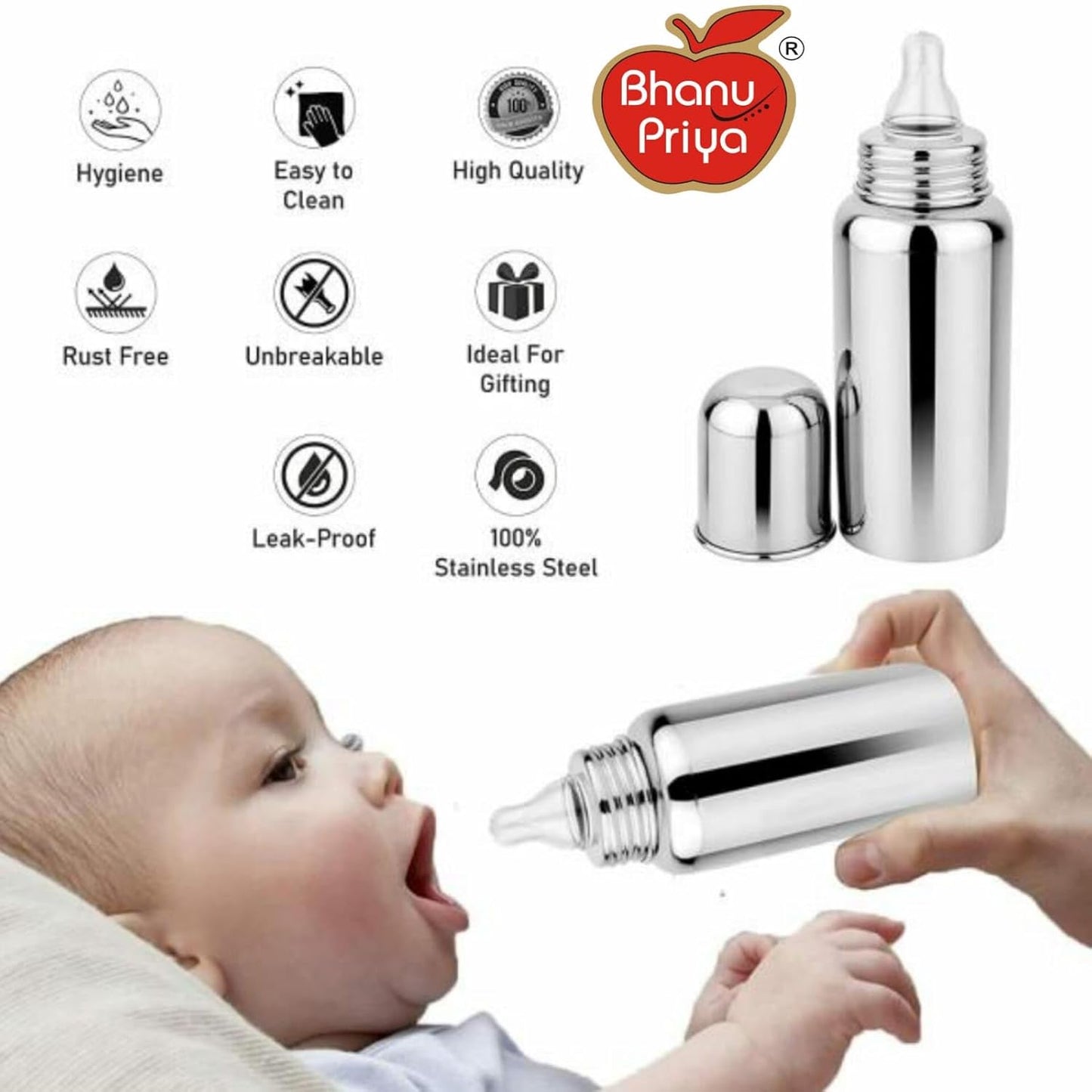 Bhanu Priya - Stainless Steel Feeding Bottle for Newborn Babies, Mirror Finish Plain Silver