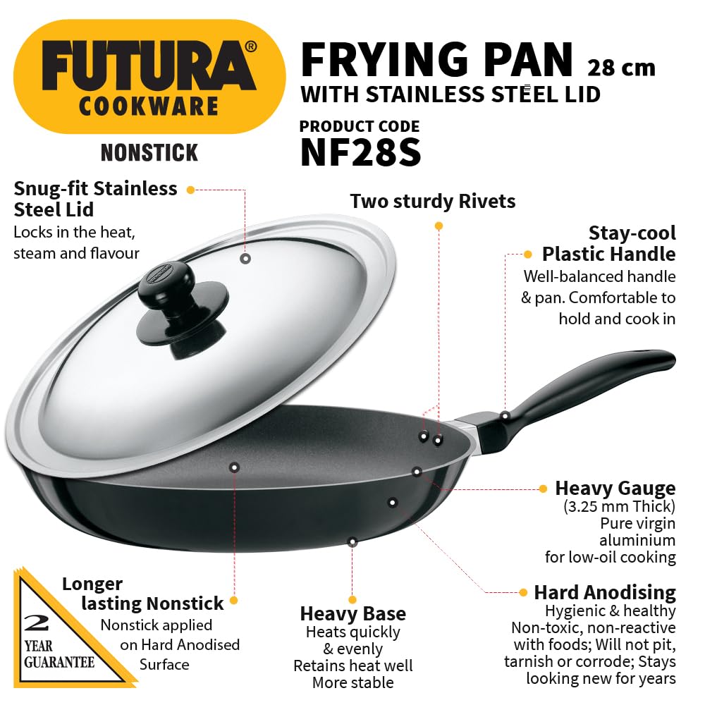 Hawkins Futura 20 cm Frying Pan, Non Stick Fry Pan with Stainless Steel Lid, Small Frying Pan, Black (NF20S)