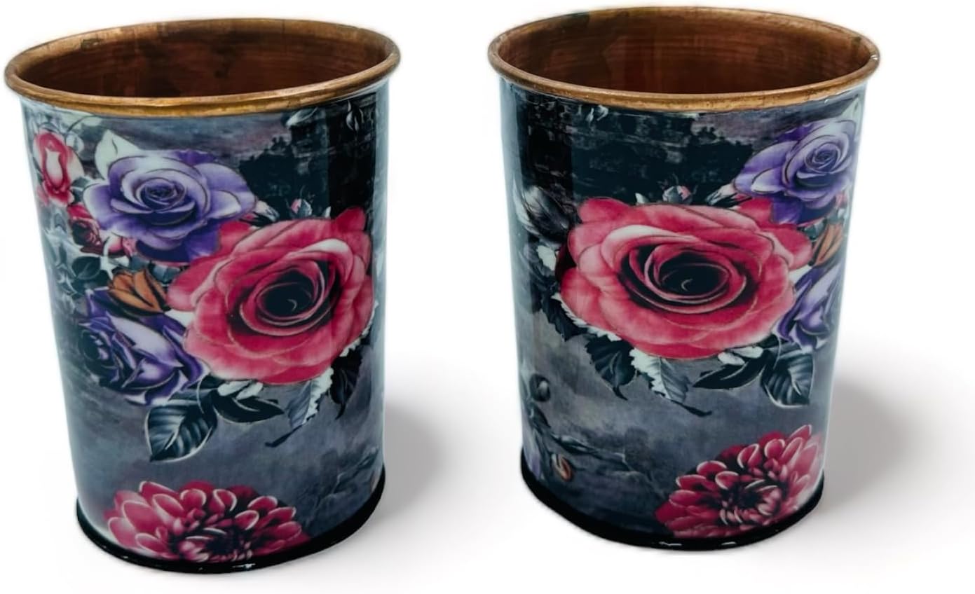 Bhanu Priya - Flower Printed Copper Water Bottle (1L) with 2 Copper Glasses (250ml Each) Combo