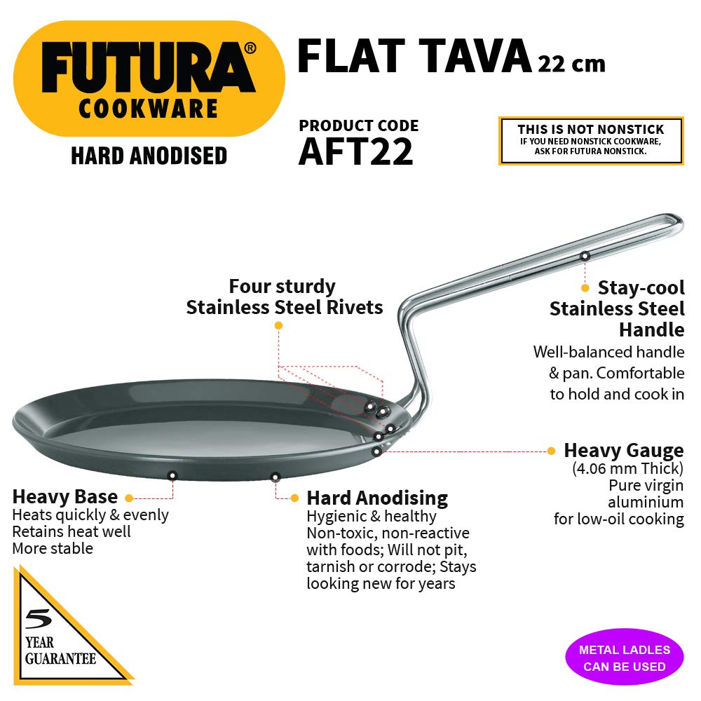 Hawkins Futura Hard Anodised Flat Tava 22 cm, 4.06 mm (Black)