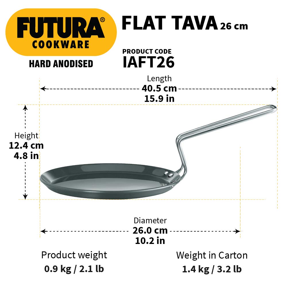 Hawkins Futura 26 cm Flat Tava, Hard Anodised Tawa with Stainless Steel Handle, Induction Tawa with Rim, Pancake Pan, Flat Pan, Black (IAFT26)