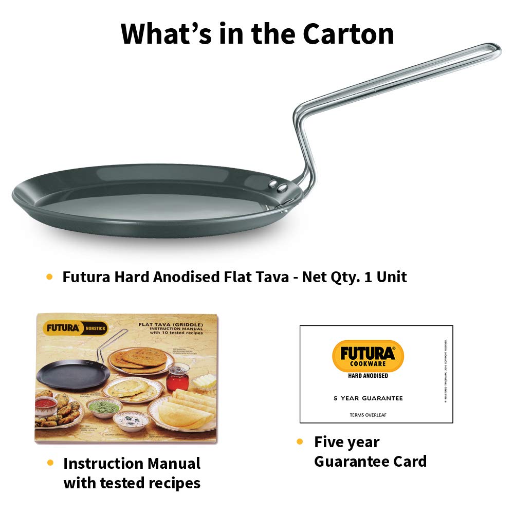 Hawkins Futura 26 cm Flat Tava, Hard Anodised Tawa with Stainless Steel Handle, Induction Tawa with Rim, Pancake Pan, Flat Pan, Black (IAFT26)