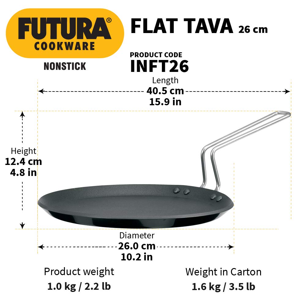 Hawkins Futura 26 cm Flat Tava, Non Stick Tawa with Stainless Steel Handle, Induction Tawa with Rim, Pancake Pan, Flat Pan, Black (INFT26)