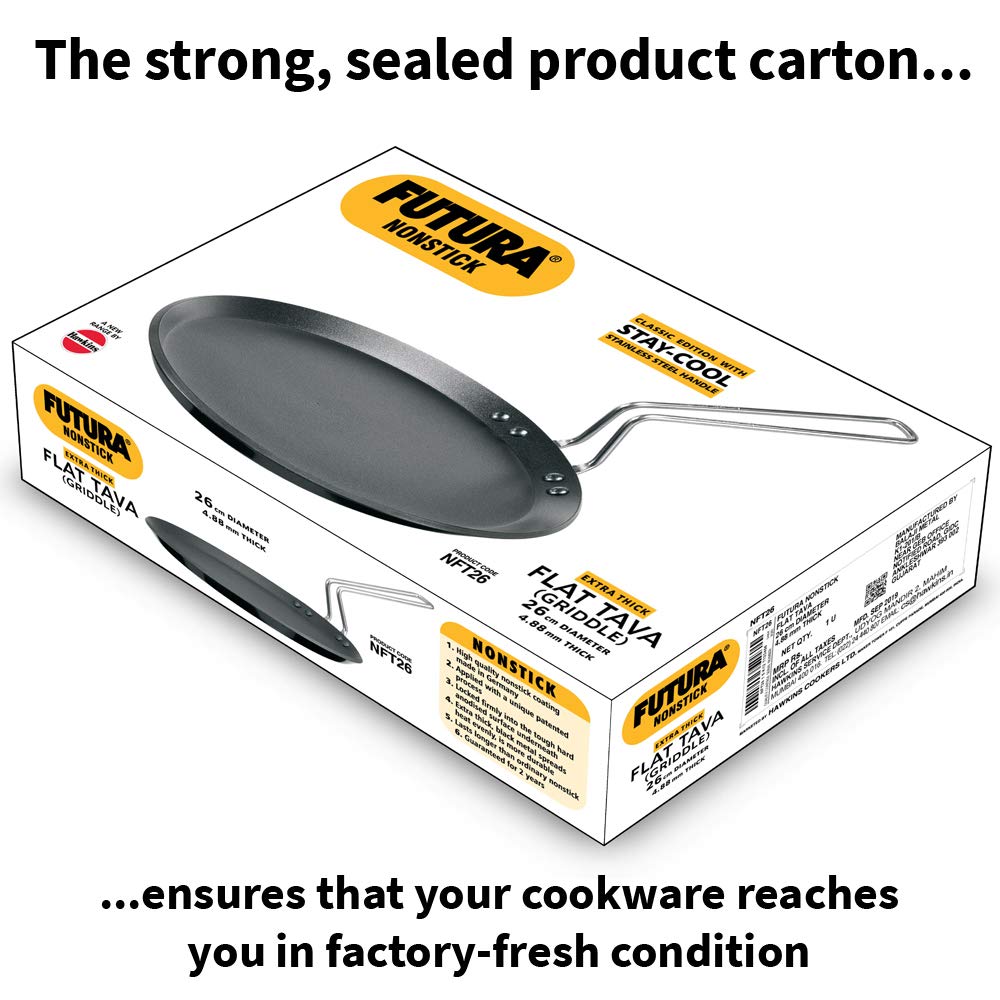 Hawkins Futura 26 cm Flat Tava, Non Stick Tawa with Stainless Steel Handle, Tawa with Rim, Pancake Pan, Flat Pan, Black (NFT26)