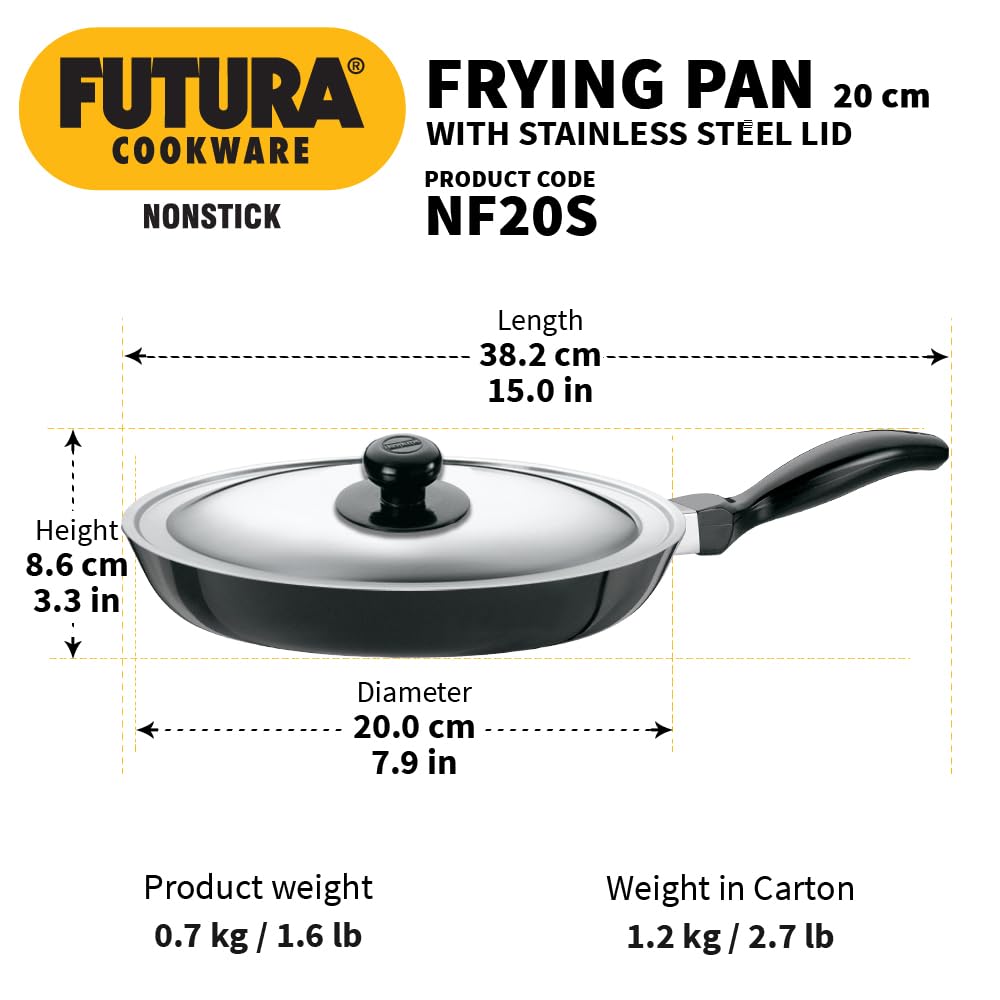 Hawkins Futura 20 cm Frying Pan, Non Stick Fry Pan with Stainless Steel Lid, Small Frying Pan, Black (NF20S)