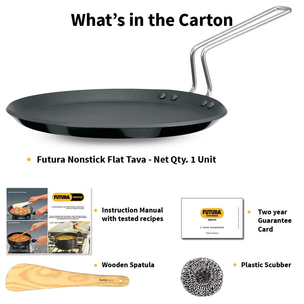Hawkins Futura 26 cm Flat Tava, Non Stick Tawa with Stainless Steel Handle, Induction Tawa with Rim, Pancake Pan, Flat Pan, Black (INFT26)