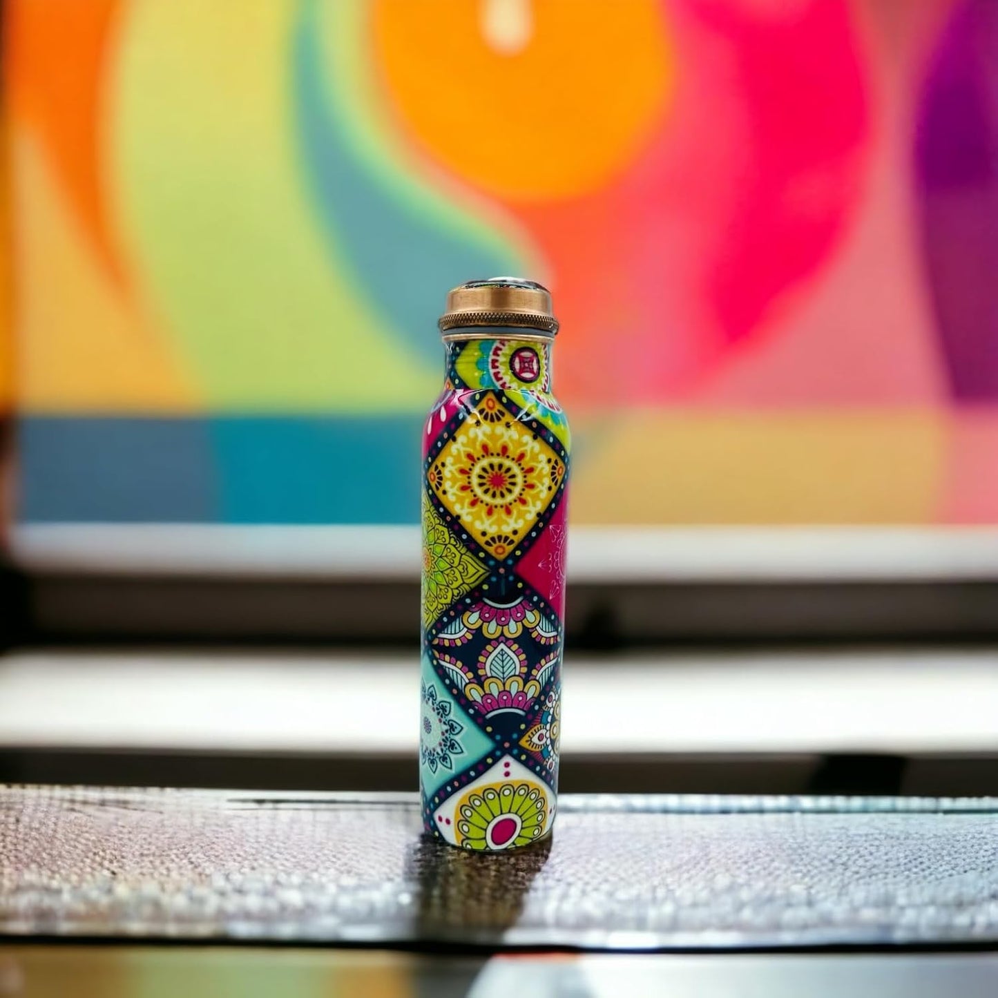 Bhanu Priya - Designer Copper Water Bottle (1L) with 2 Copper Glasses (250ml Each) Combo (Abstract Printed)