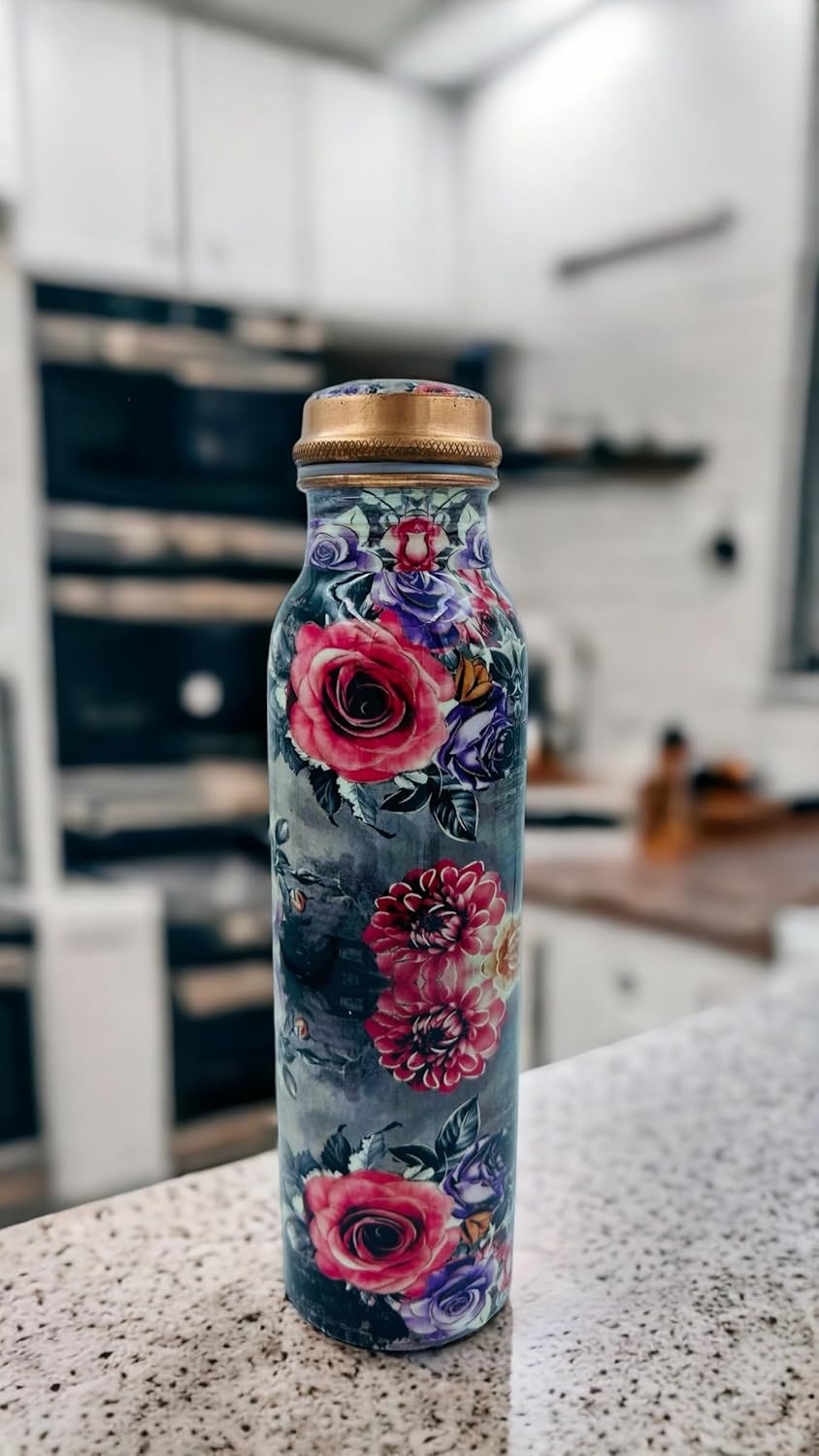 Bhanu Priya - Flower Printed Copper Water Bottle (1L) with 2 Copper Glasses (250ml Each) Combo