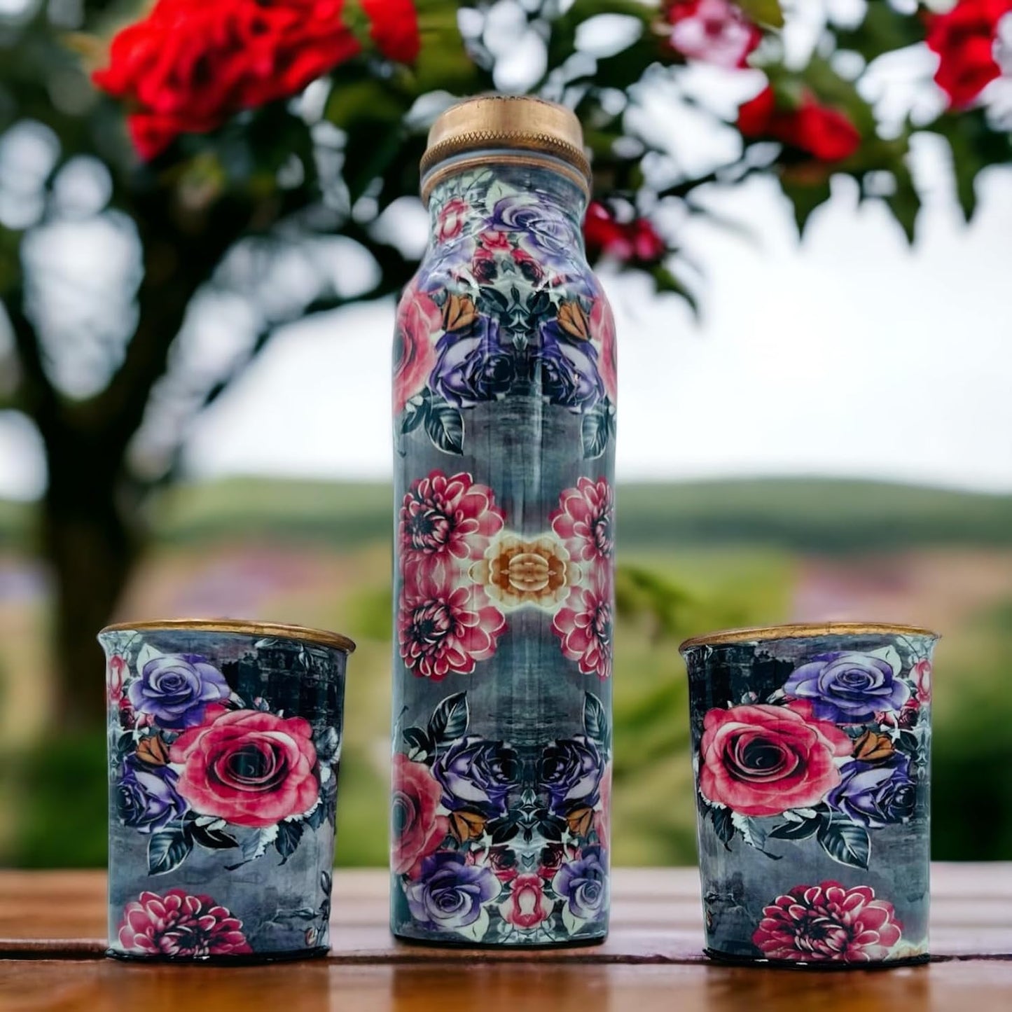 Bhanu Priya - Flower Printed Copper Water Bottle (1L) with 2 Copper Glasses (250ml Each) Combo