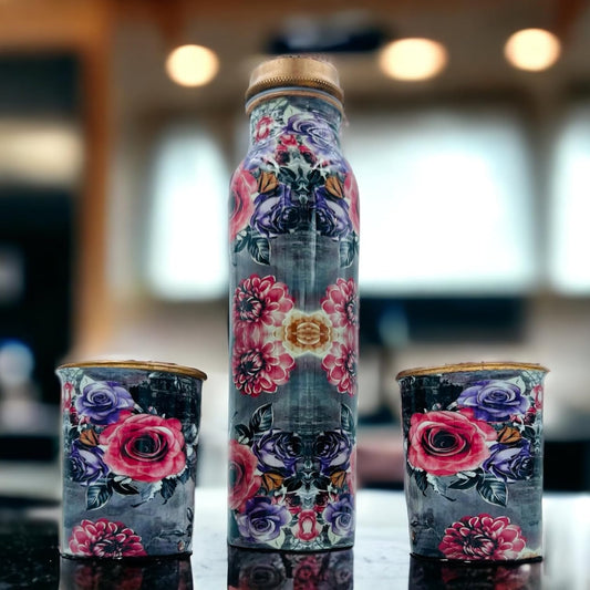 Bhanu Priya - Flower Printed Copper Water Bottle (1L) with 2 Copper Glasses (250ml Each) Combo