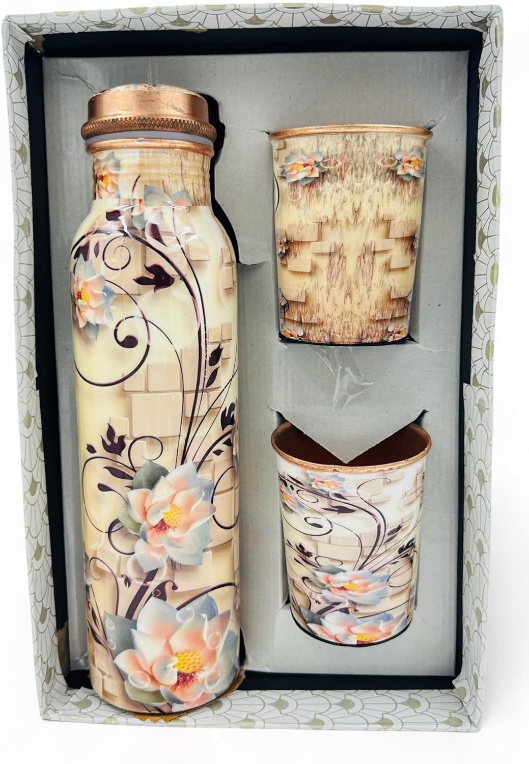 Bhanu Priya - Ivory Flower Printed Copper Water Bottle (1L) with 2 Copper Glasses (250ml Each) Combo