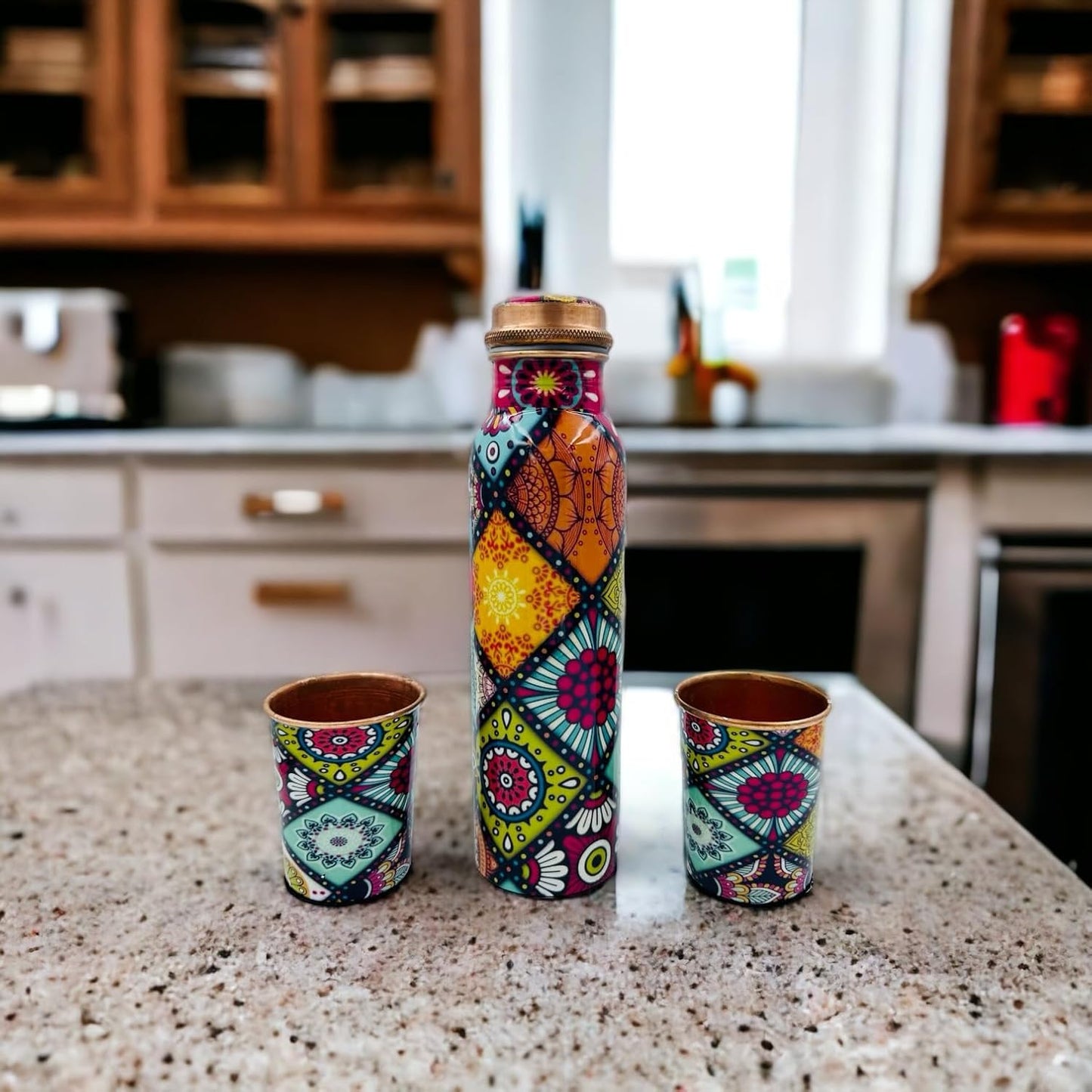 Bhanu Priya - Designer Copper Water Bottle (1L) with 2 Copper Glasses (250ml Each) Combo (Abstract Printed)