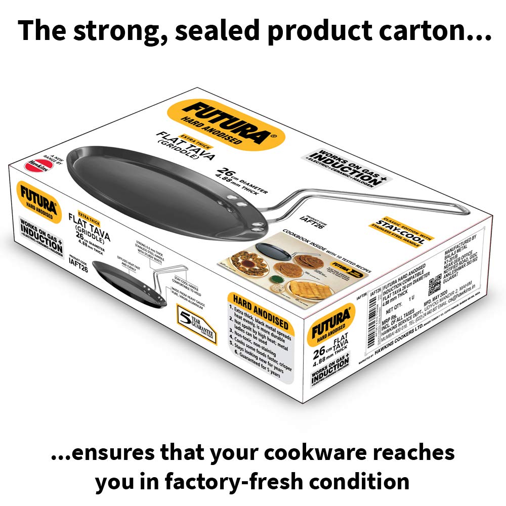 Hawkins Futura 26 cm Flat Tava, Hard Anodised Tawa with Stainless Steel Handle, Induction Tawa with Rim, Pancake Pan, Flat Pan, Black (IAFT26)