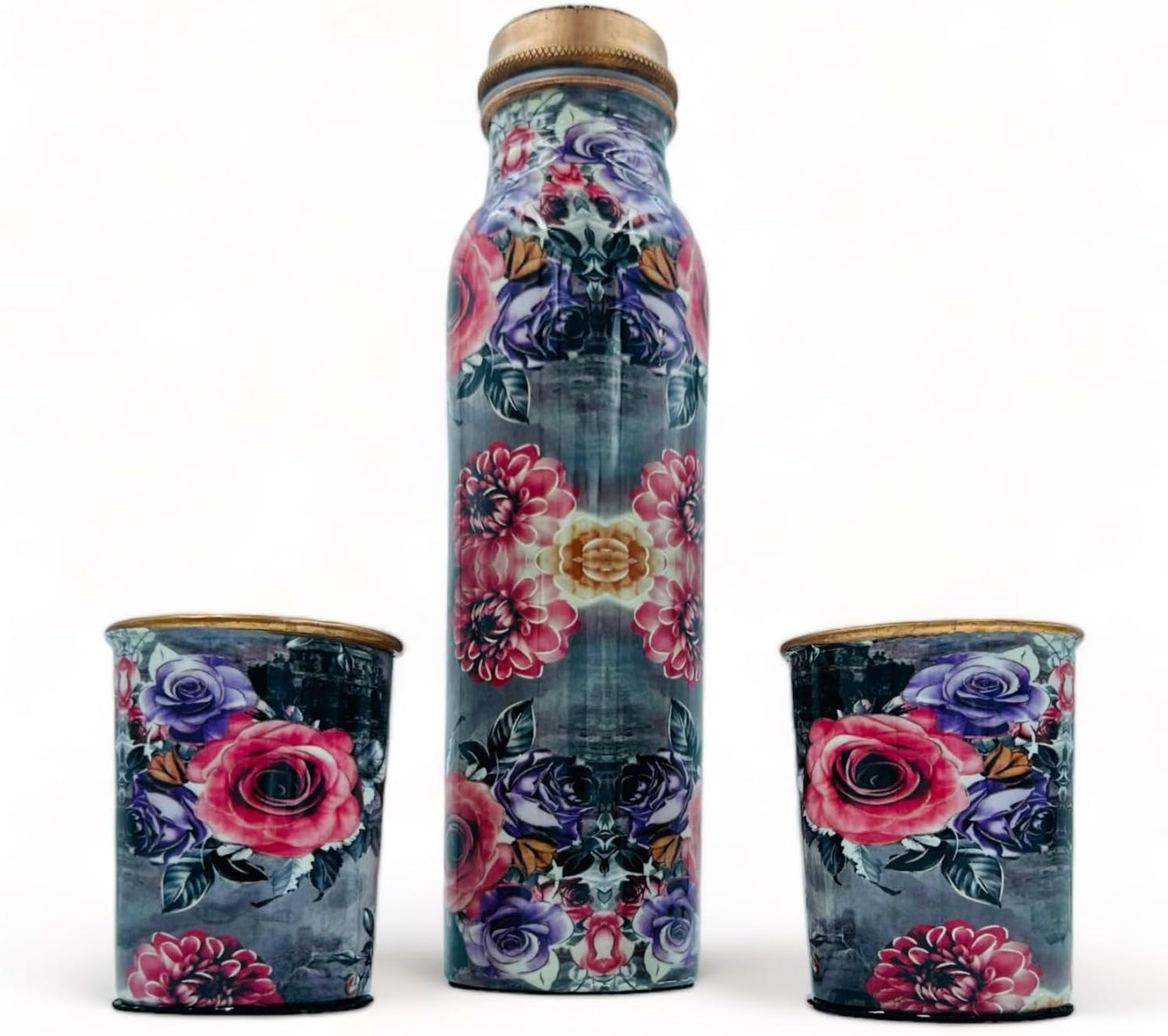 Bhanu Priya - Flower Printed Copper Water Bottle (1L) with 2 Copper Glasses (250ml Each) Combo