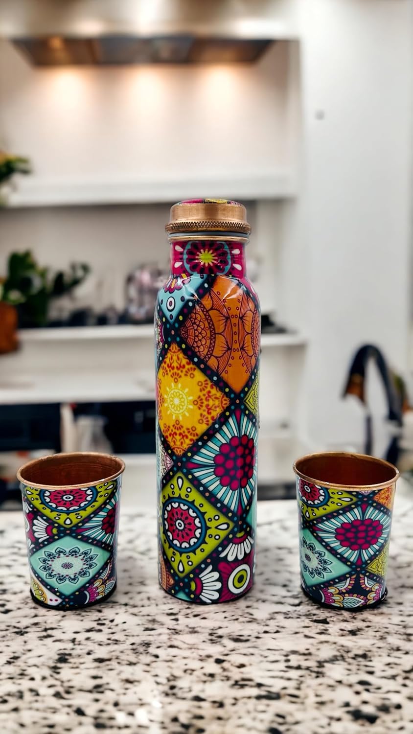 Bhanu Priya - Designer Copper Water Bottle (1L) with 2 Copper Glasses (250ml Each) Combo (Abstract Printed)
