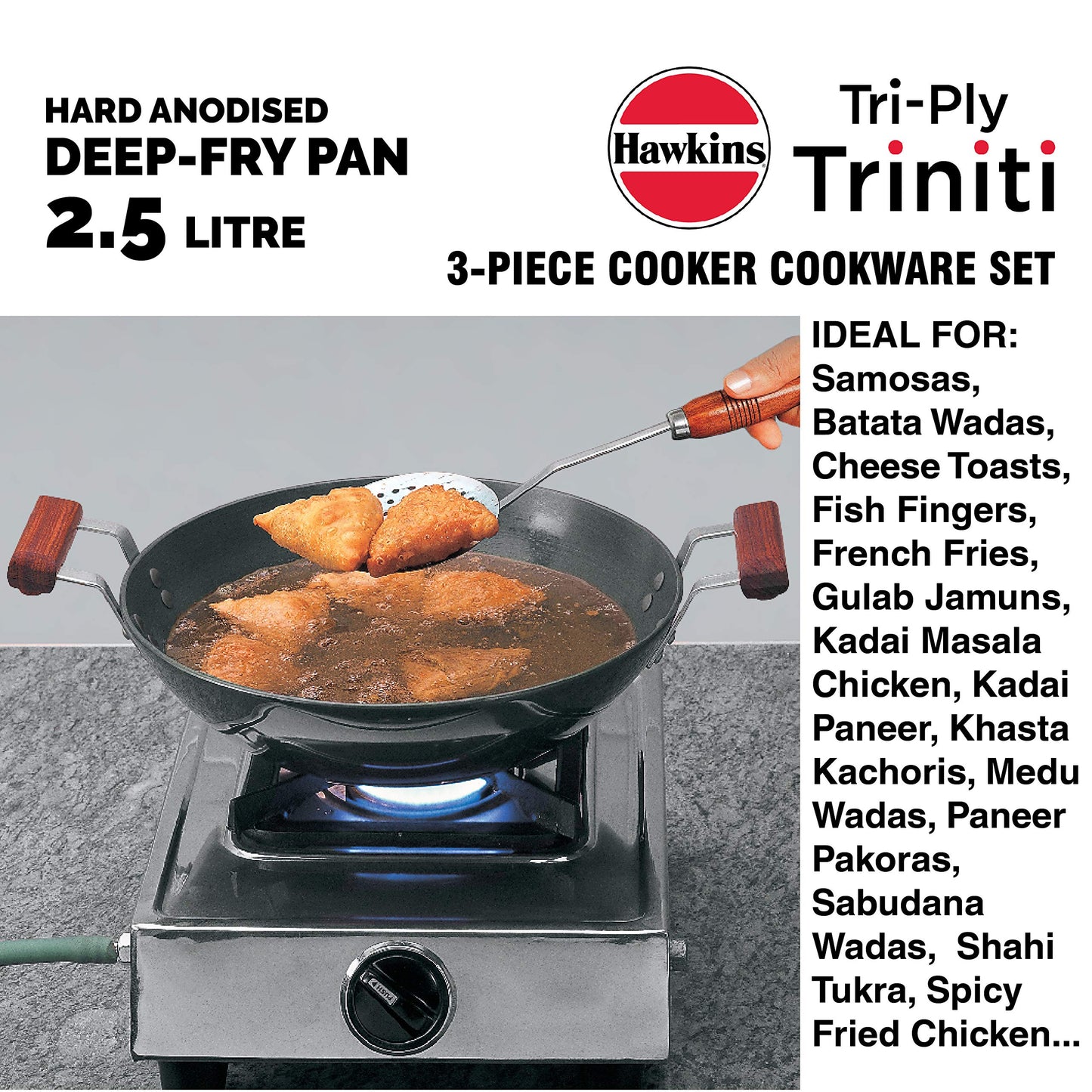 Hawkins Triniti Kitchen Set (Tava, Deep-Fry Pan, Inner Lid Pressure Cooker), Black (PCWSET1), Hard Anodised Aluminium