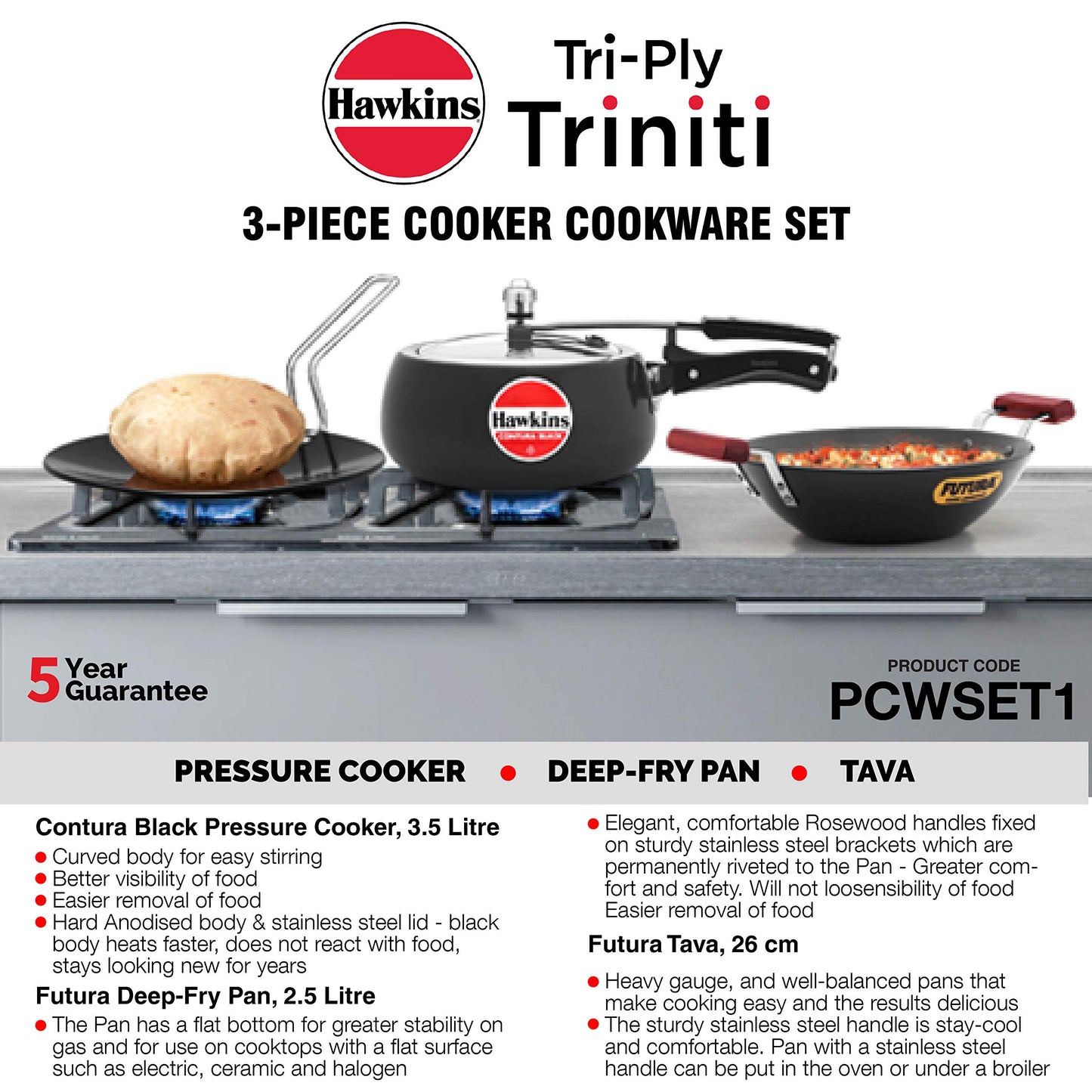 Hawkins Triniti Kitchen Set (Tava, Deep-Fry Pan, Inner Lid Pressure Cooker), Black (PCWSET1), Hard Anodised Aluminium